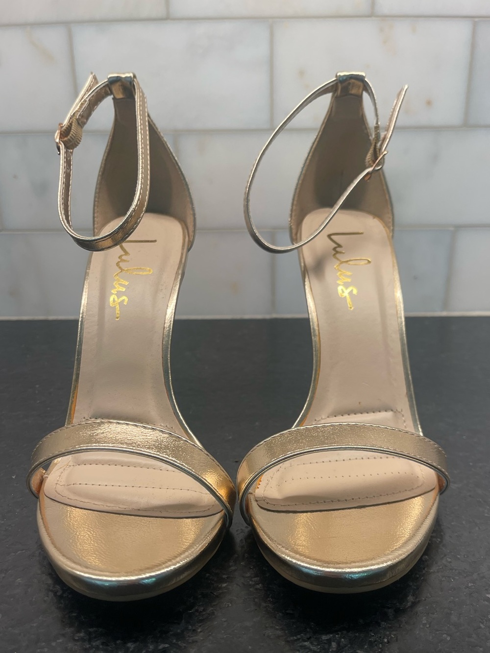 Women’s Lulus Metallic Gold Ankle Strap Heels. Size 8